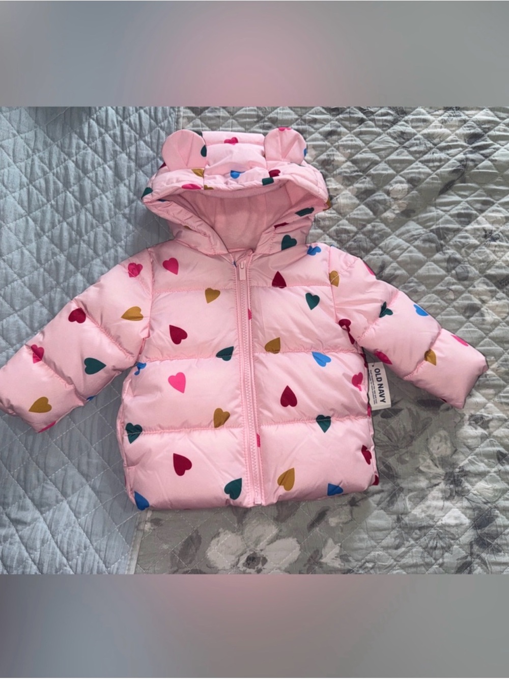 Old Navy Pink Heart-Print Hooded Puffer Jacket size 12-18 months